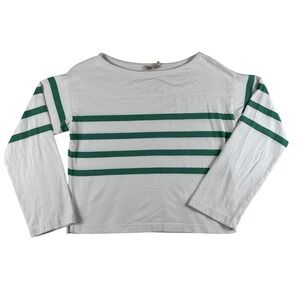 Faherty Shirt Womens XS White Green Striped Boat Neck Long Sleeve Top Cotton